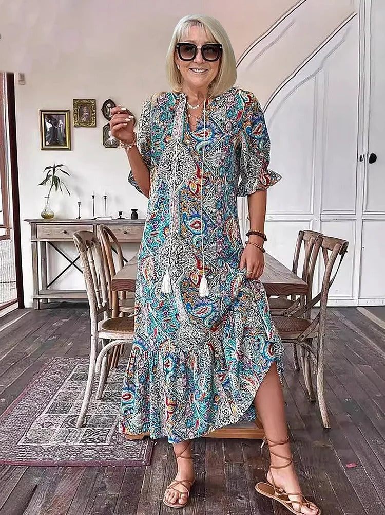 REVAYA – BOHEMIAN PAISLEY TASSEL TIE DRESS