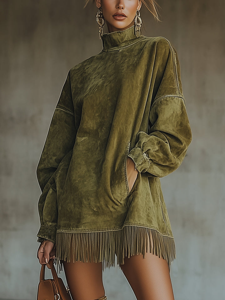 Oversized Suede Effect Dress with Fringes