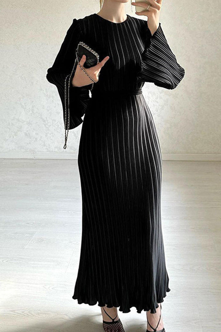 ELANI – STREET SOLID PATCHWORK PLEATED LONG DRESS