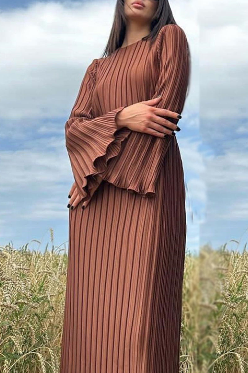 ELANI – STREET SOLID PATCHWORK PLEATED LONG DRESS