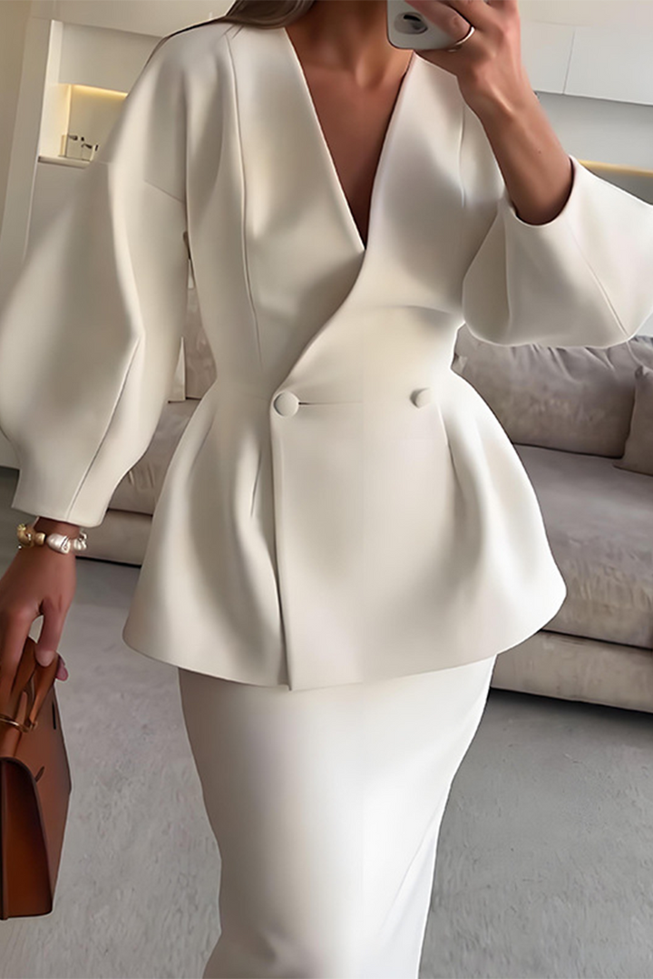 CALINA – ELEGANT BUTTONS V-NECK LONG SLEEVE TWO-PIECE SET