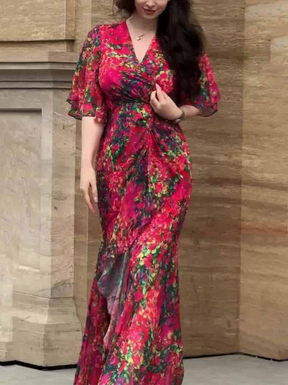 GALILEA – CHIC V-NECK DRESS WITH ARTISTIC PRINTS
