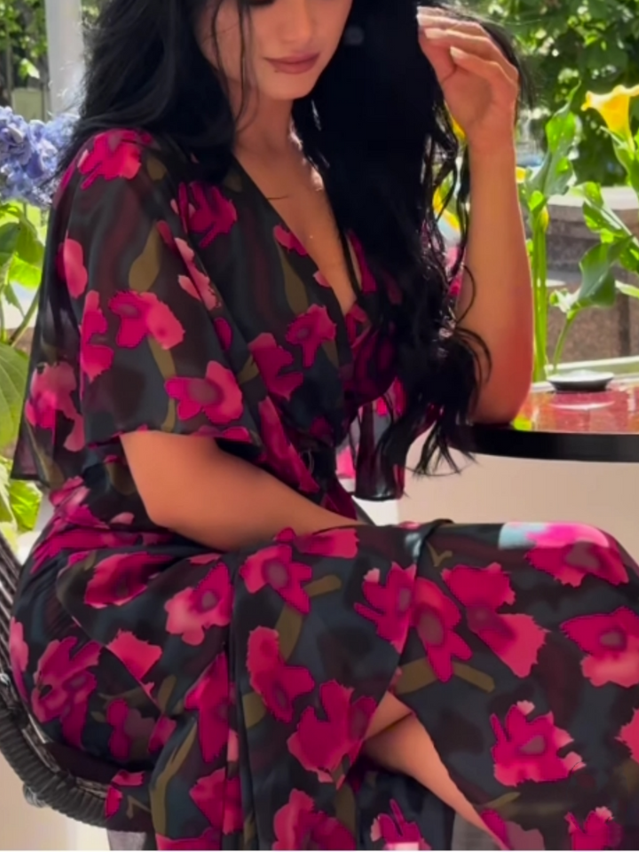 GALILEA – CHIC V-NECK DRESS WITH ARTISTIC PRINTS