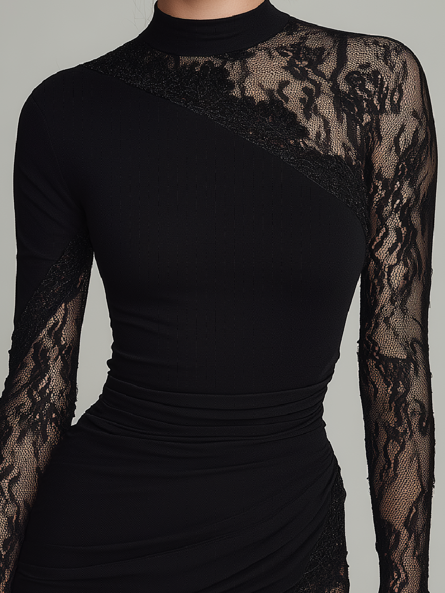Black Turtleneck Lace Asymmetrical Tulle Long Sleeved Mini Dress