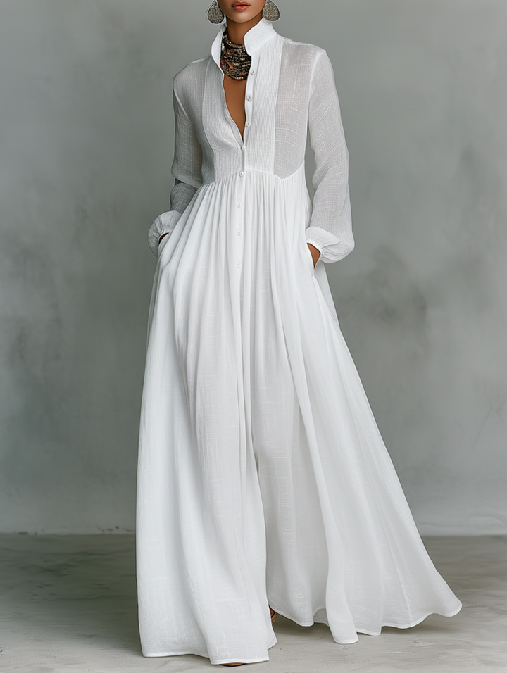 Elisa | Maxi Minimalist in Cotton and Linen with Patchwork High Collar and Long Sleeves