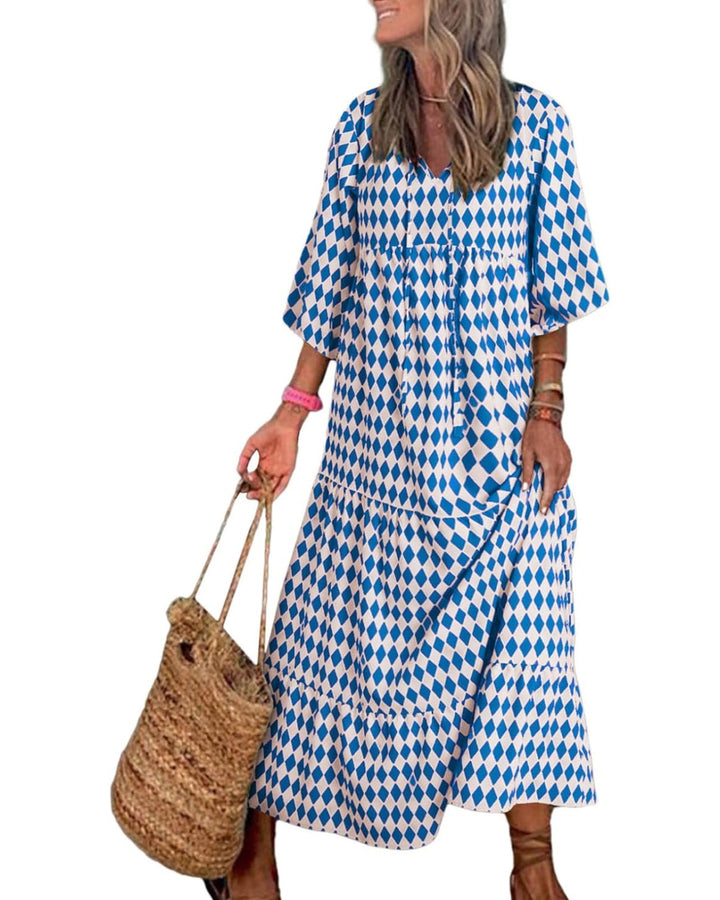 WINONA – WOMEN'S PUFF SLEEVE GEOMETRIC BOHEMIAN MAXI DRESS