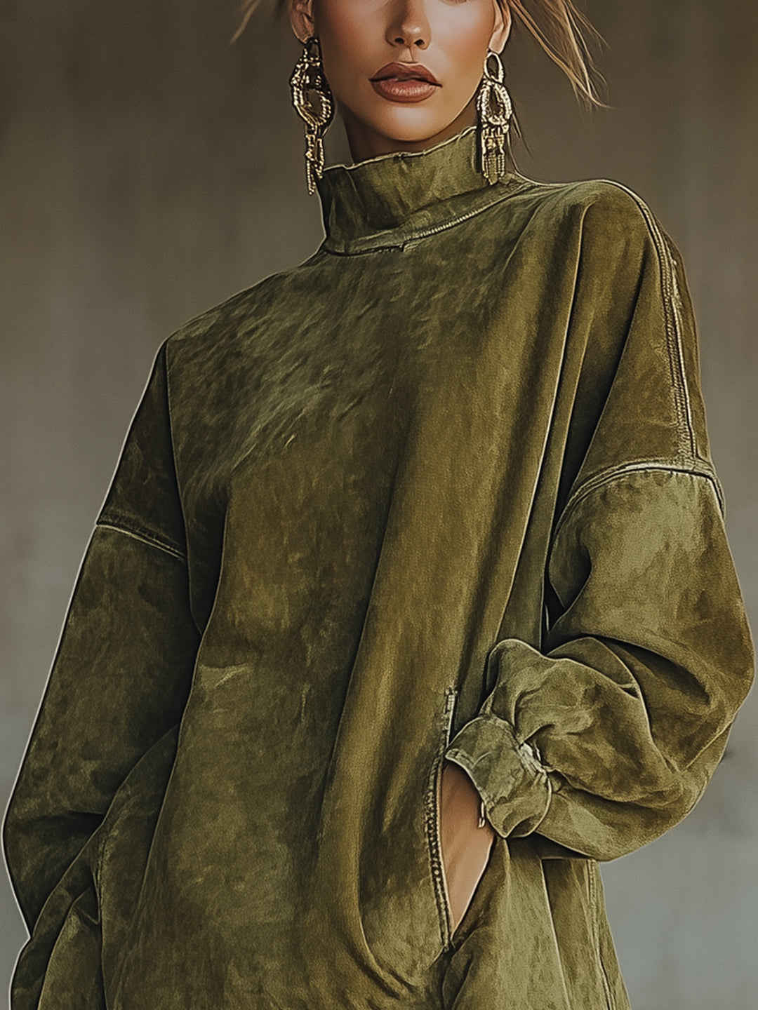 Oversized Suede Effect Dress with Fringes