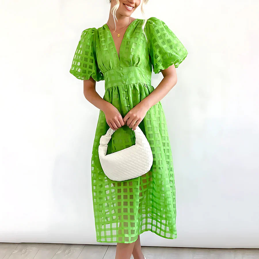 Caelis - Classic Patterned Puff Sleeve Midi Dress
