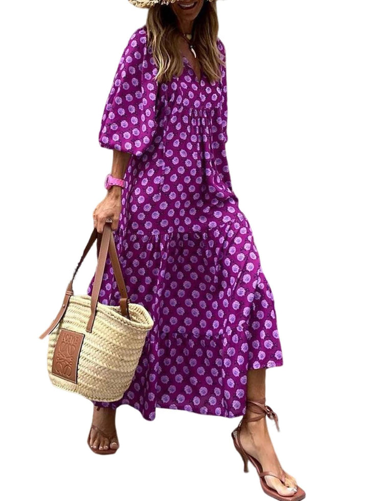WINONA – WOMEN'S PUFF SLEEVE GEOMETRIC BOHEMIAN MAXI DRESS
