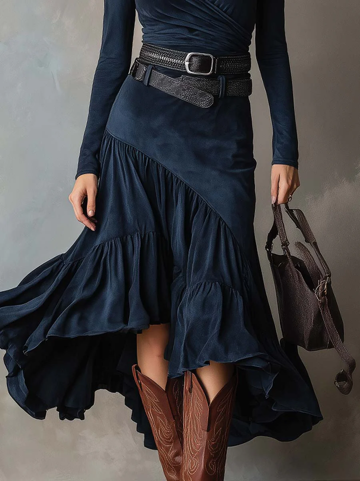 Navy Blue Crossover V-neck Faux Suede Irregular Maxi Dress (with belt)