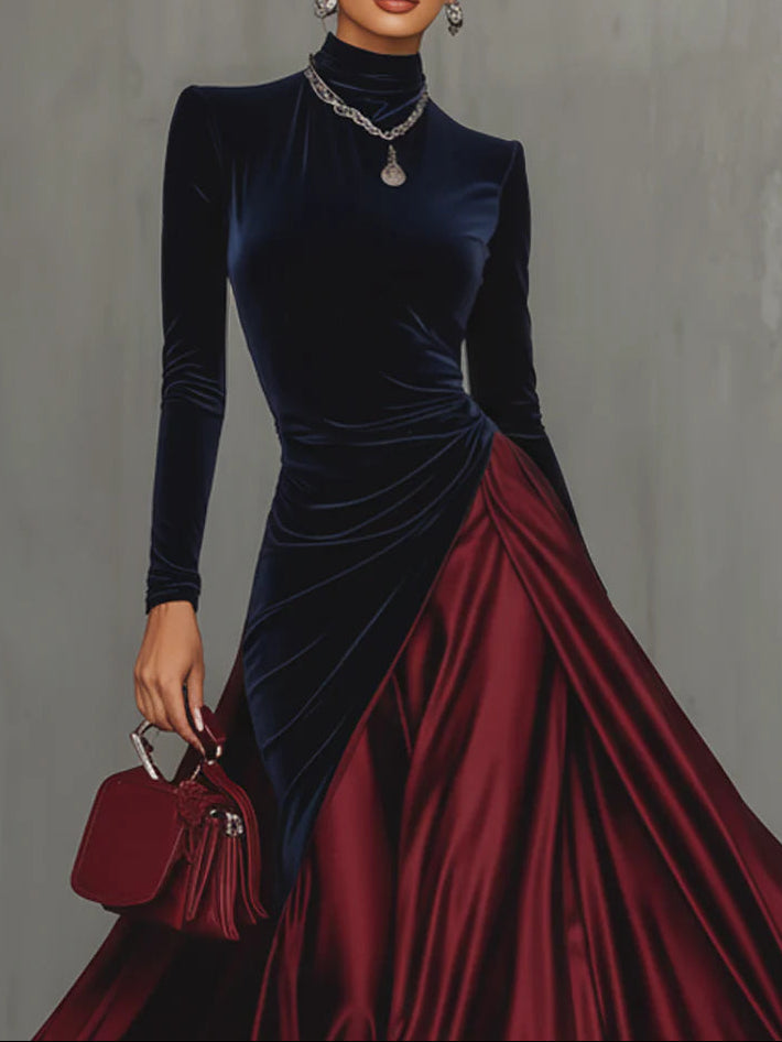 Blue Velvet and Burgundy Satin Color Block Long Dress