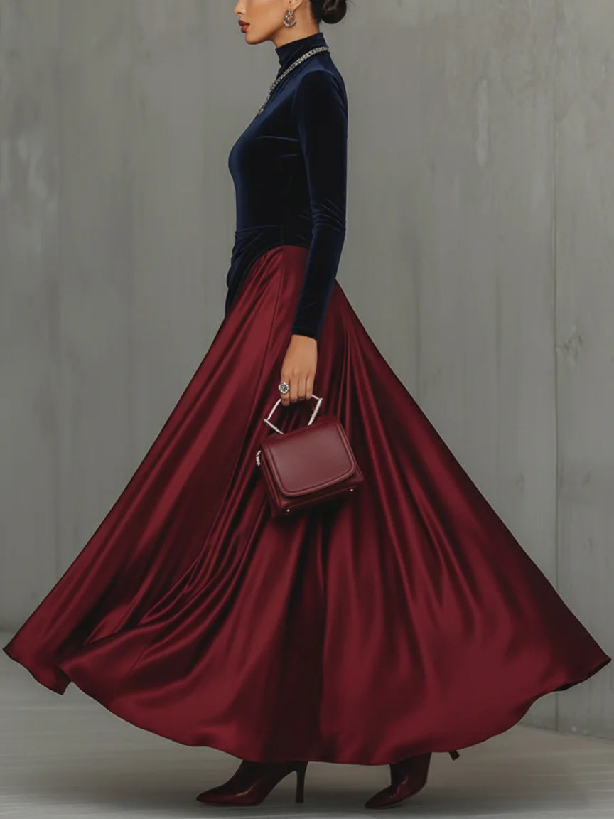 Blue Velvet and Burgundy Satin Color Block Long Dress