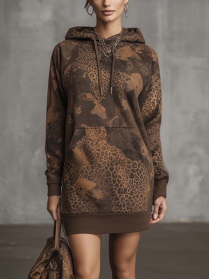 Brown Camo Leopard Print Hoodie Mini Dress