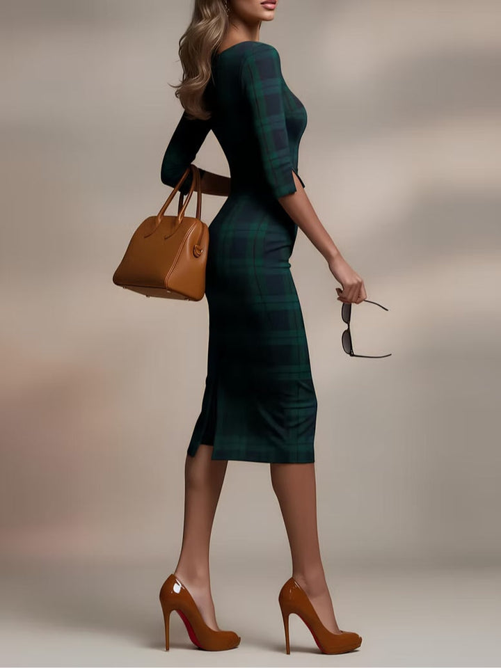Classic Plaid Three-Quarter Sleeve Midi Dress