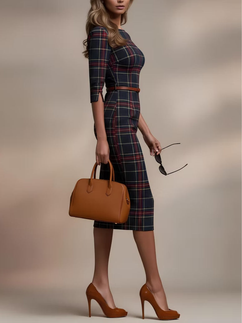 Classic Plaid Three-Quarter Sleeve Midi Dress