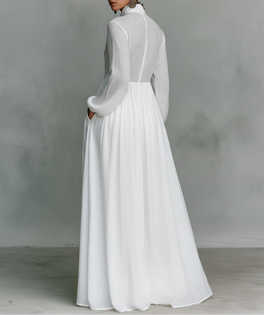 Elisa | Maxi Minimalist in Cotton and Linen with Patchwork High Collar and Long Sleeves