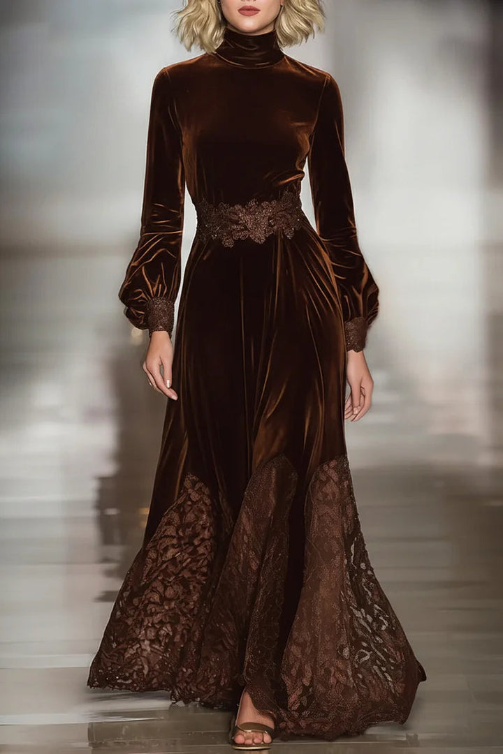 Lace Patchwork Turtleneck Balloon Sleeve Velvet Maxi Dresses