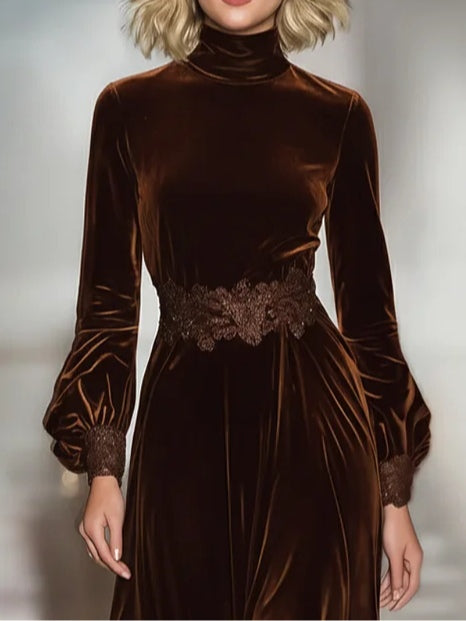 Isabella | Maxi Velvet Dress with High Neck and Balloon Sleeves in Patchwork Lace