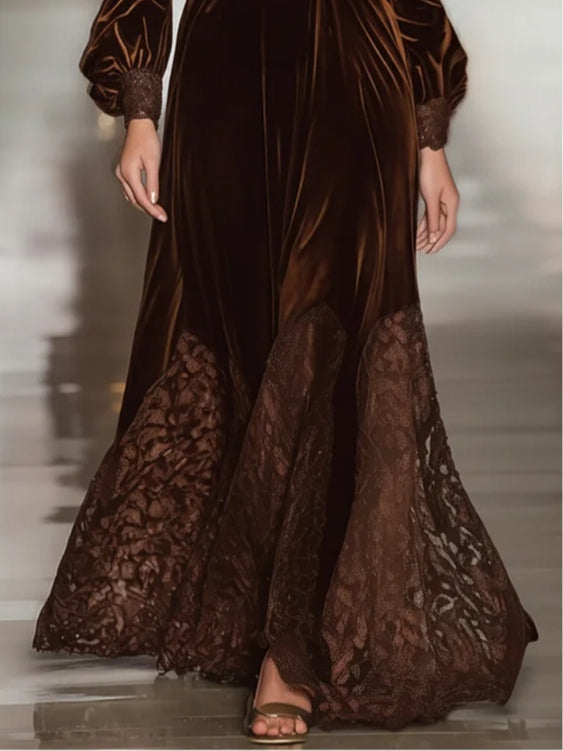 Isabella | Maxi Velvet Dress with High Neck and Balloon Sleeves in Patchwork Lace