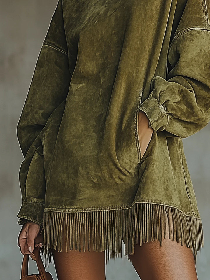 Mara | Suede Dress with High Neck and Fringe