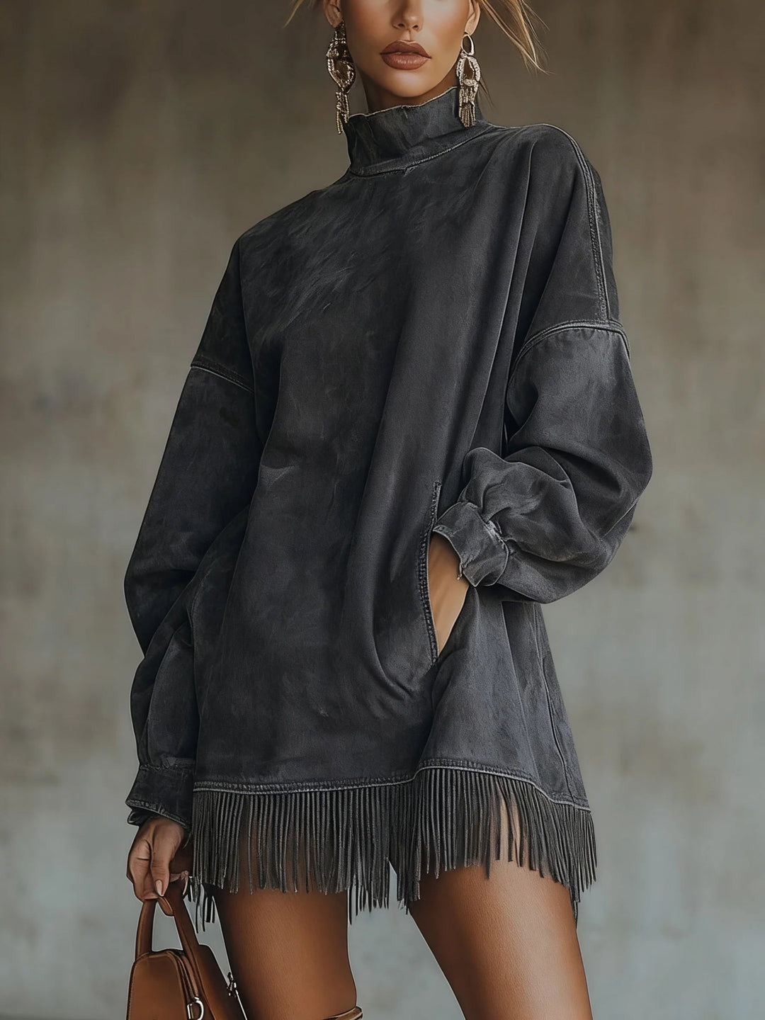 Mara | Suede Dress with High Neck and Fringe