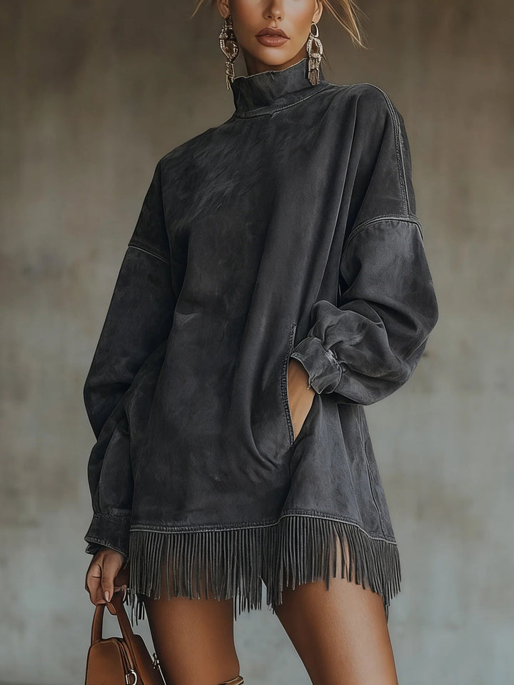 Mara | Suede Dress with High Neck and Fringe