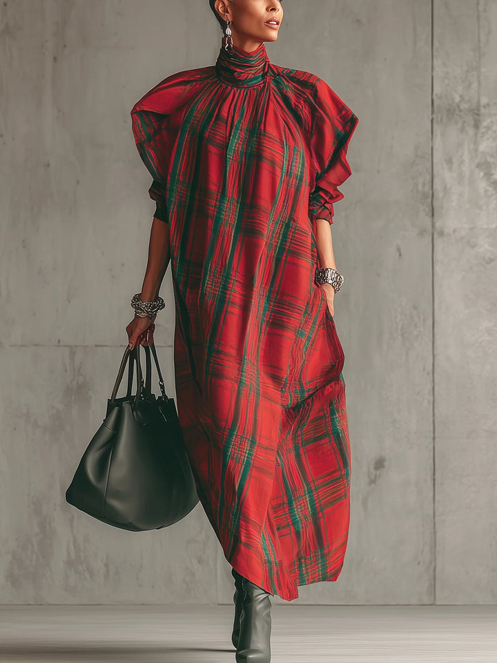 Red Plaid Loose Fitting Short-Sleeved Long Dress