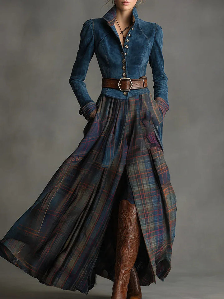 Retro Ethnic Style Blue Faux Suede Plaid Maxi Dress (Includes belt)