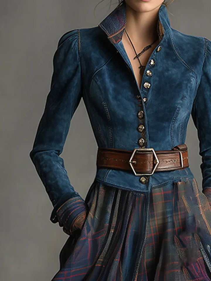 Retro Ethnic Style Blue Faux Suede Plaid Maxi Dress (Includes belt)