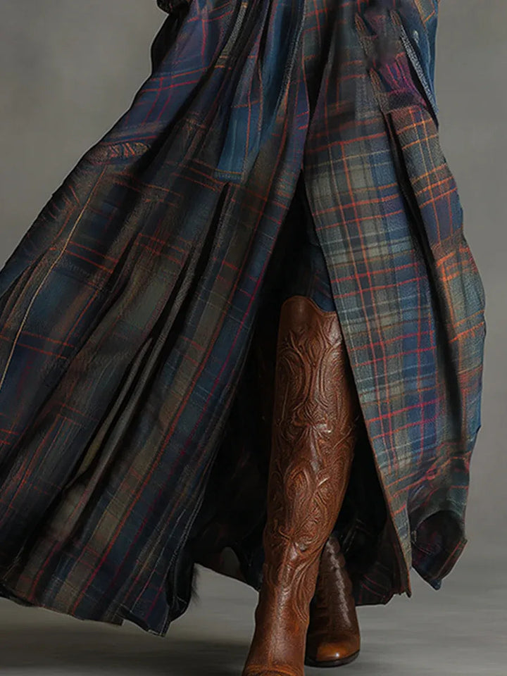 Retro Ethnic Style Blue Faux Suede Plaid Maxi Dress (Includes belt)