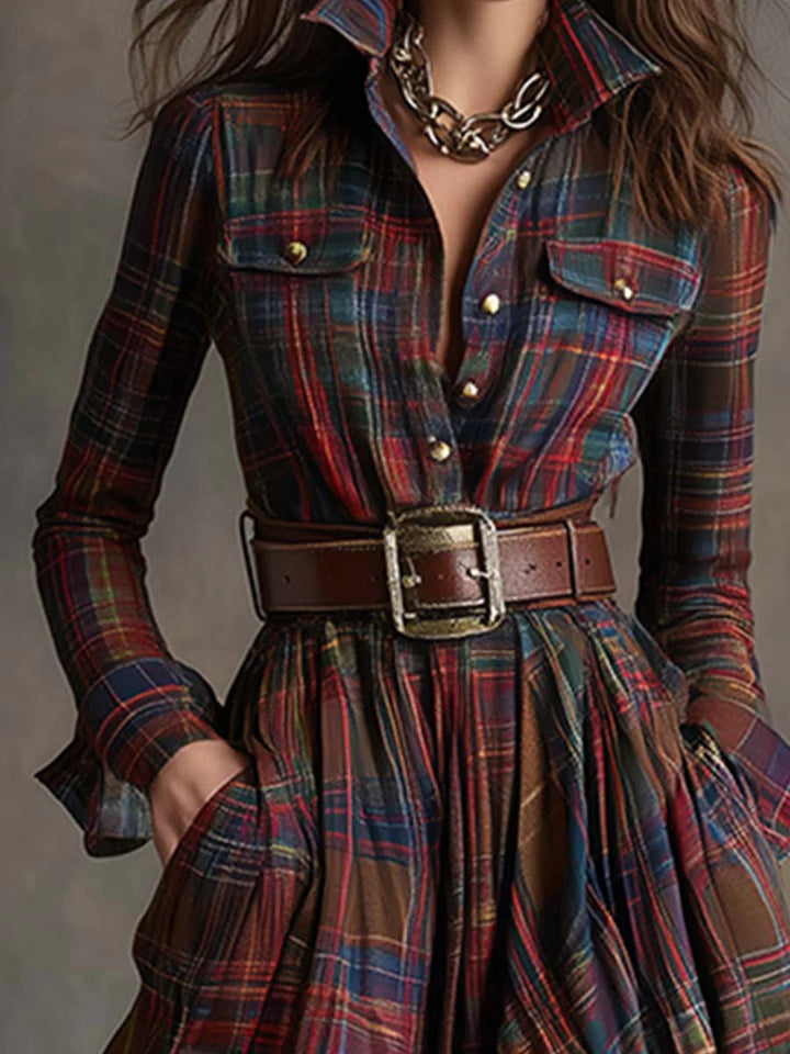 Serafina | Long Brown-Red Checkered Dress