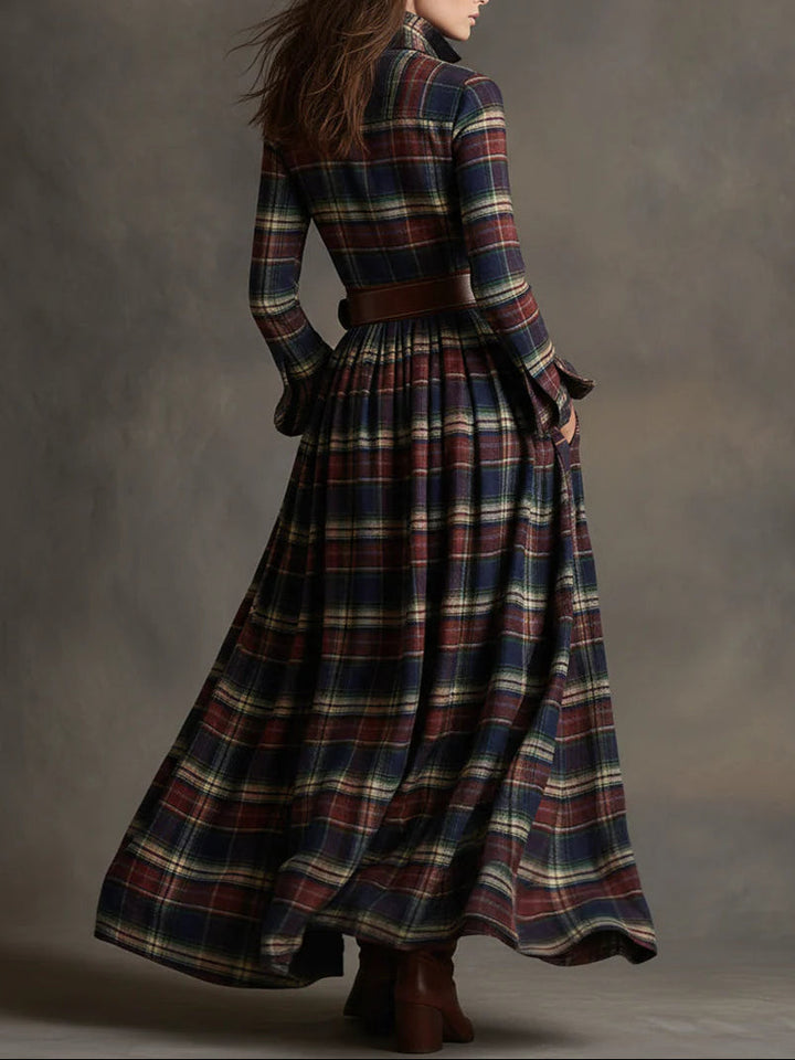 Retro Plaid Lapel Long Sleeved Maxi Dress (Including Belt)