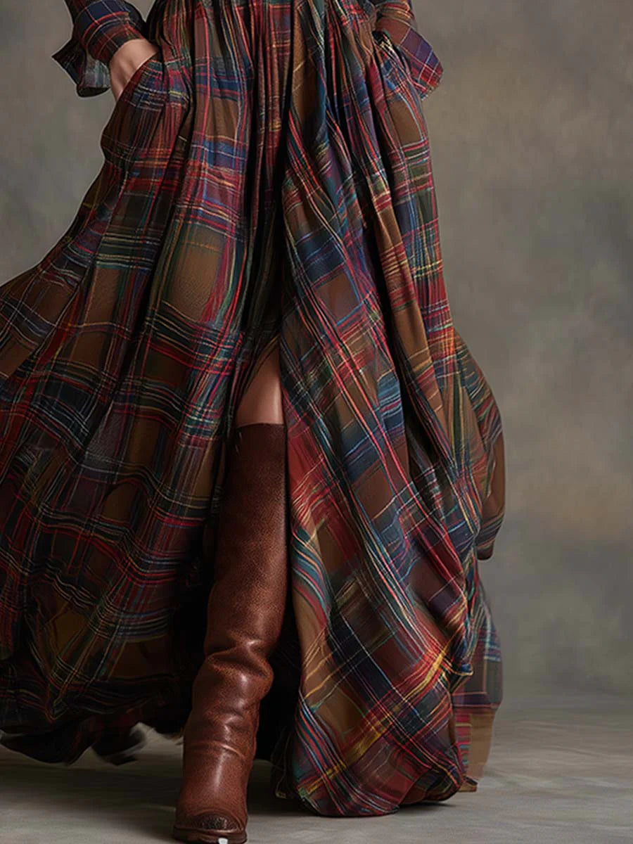 Serafina | Long Brown-Red Checkered Dress