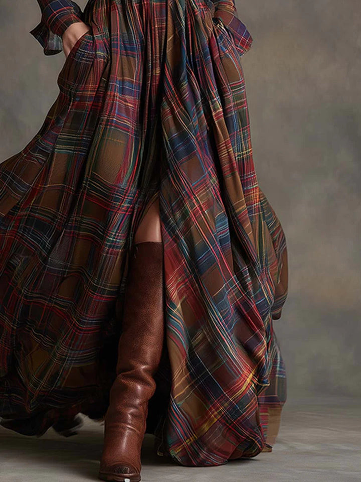Serafina | Long Brown-Red Checkered Dress
