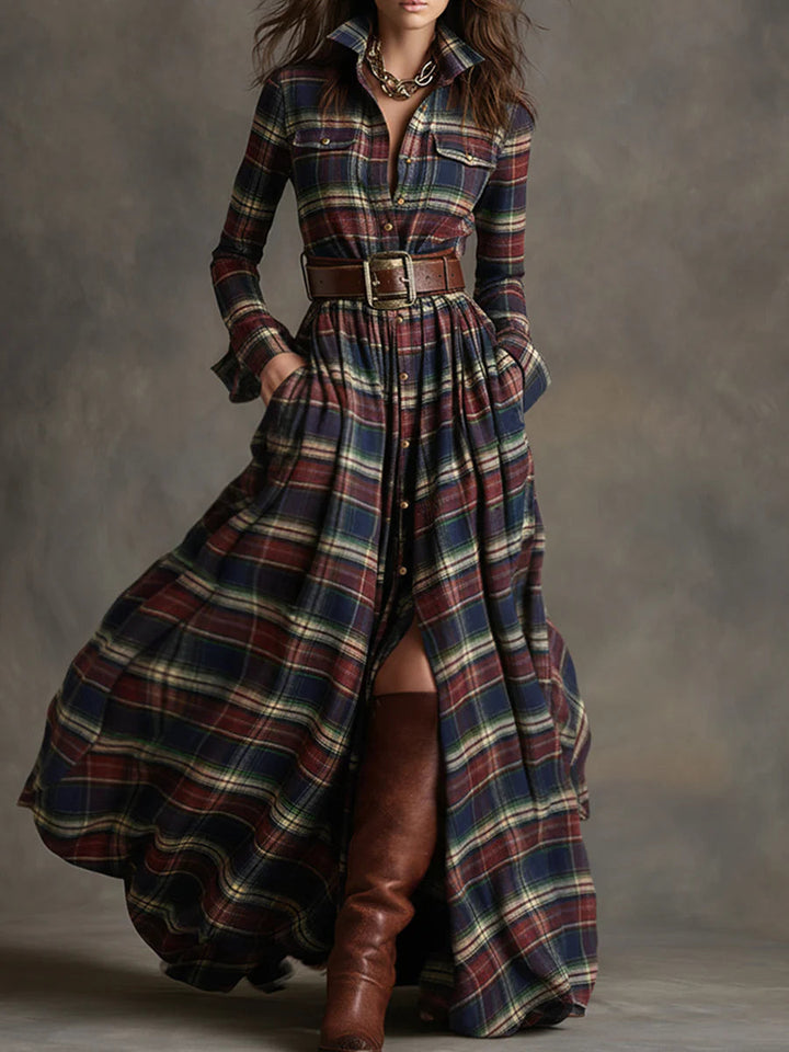 Retro Plaid Lapel Long Sleeved Maxi Dress (Including Belt)