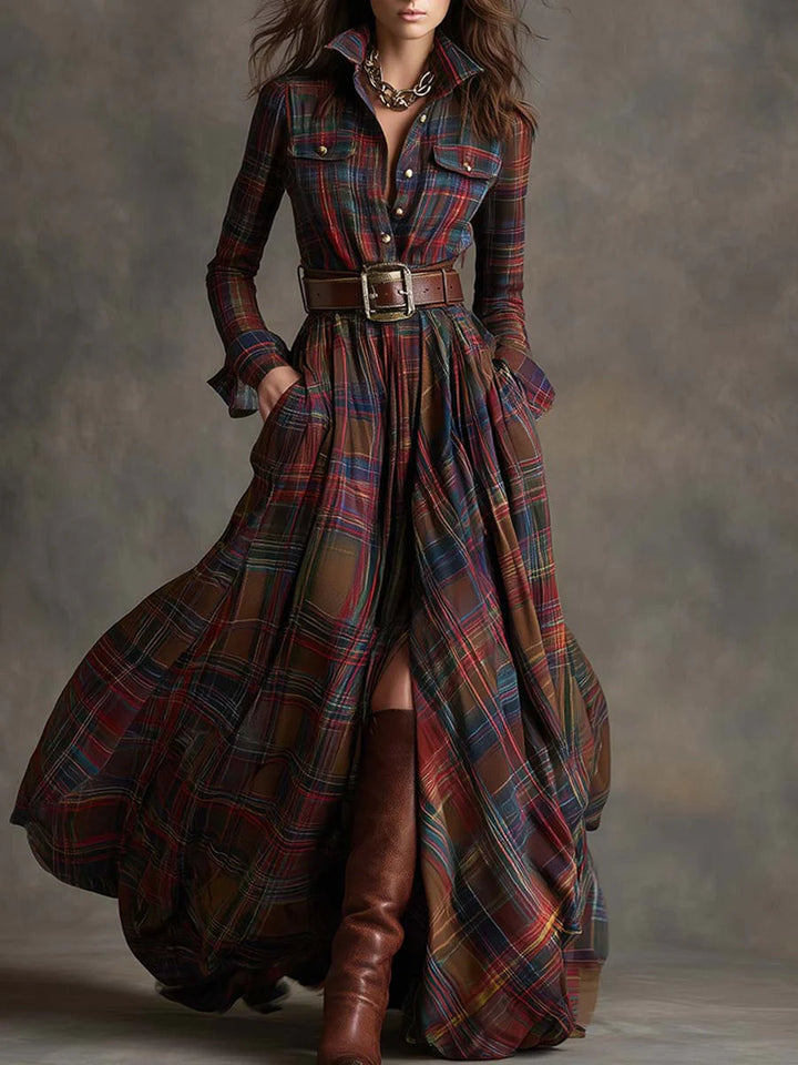 Serafina | Long Brown-Red Checkered Dress