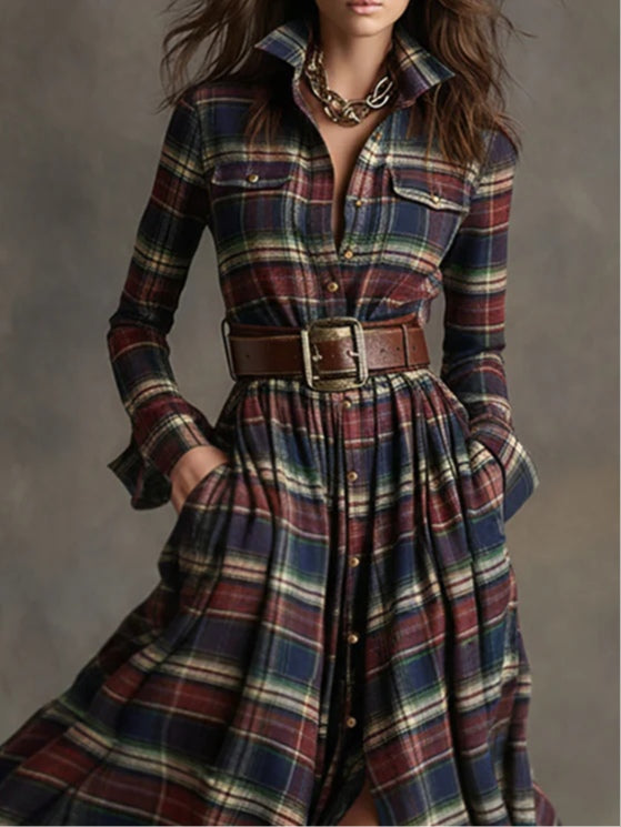 Retro Plaid Lapel Long Sleeved Maxi Dress (Including Belt)