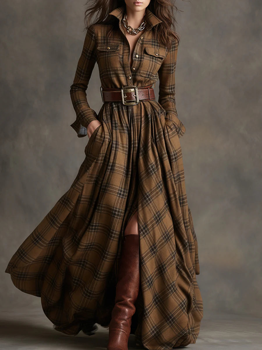 Serafina | Long Brown-Red Checkered Dress
