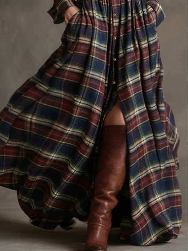 Retro Plaid Lapel Long Sleeved Maxi Dress (Including Belt)
