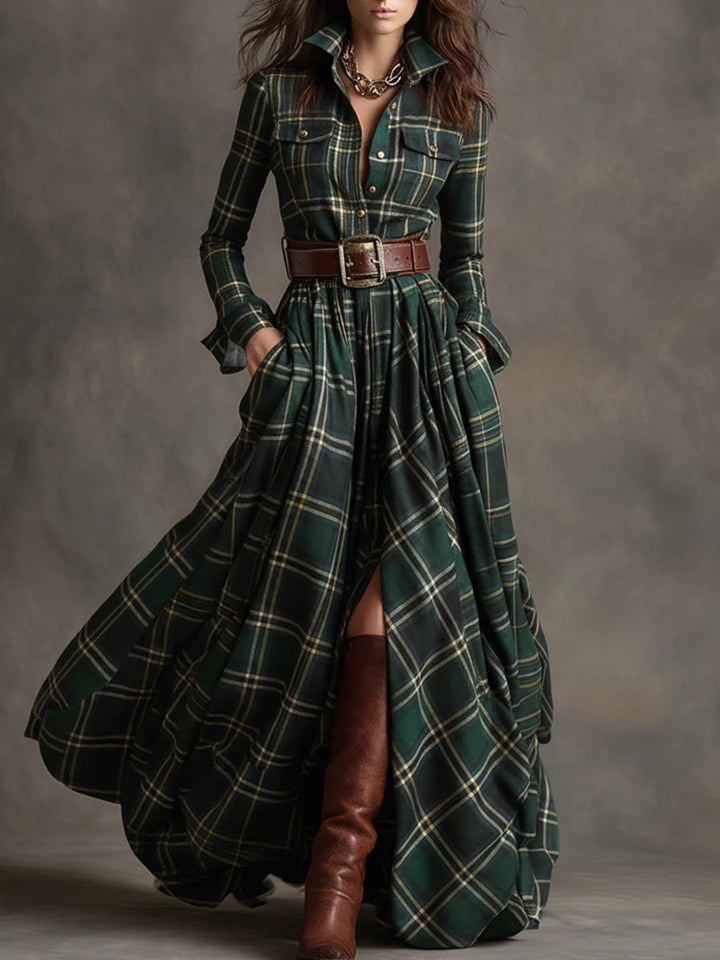 Serafina | Long Brown-Red Checkered Dress