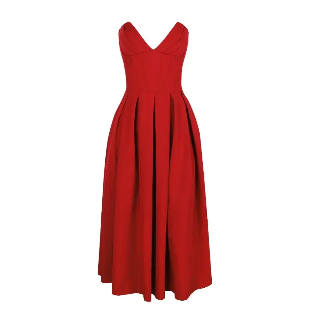 Aria – Sleek Strapless Pleated Midi Dress
