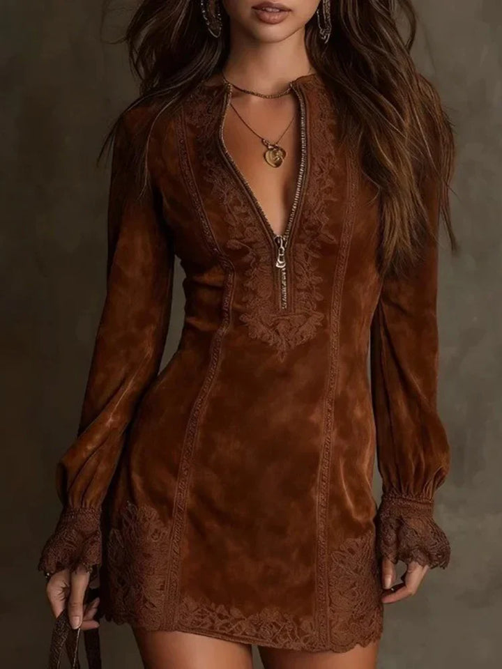 Short Suede Dress with Lace Feminine & Sophisticated