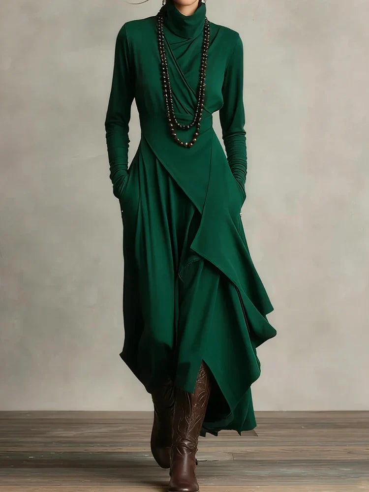 Natalia | Asymmetrical Knit Maxi Dress with Turtleneck