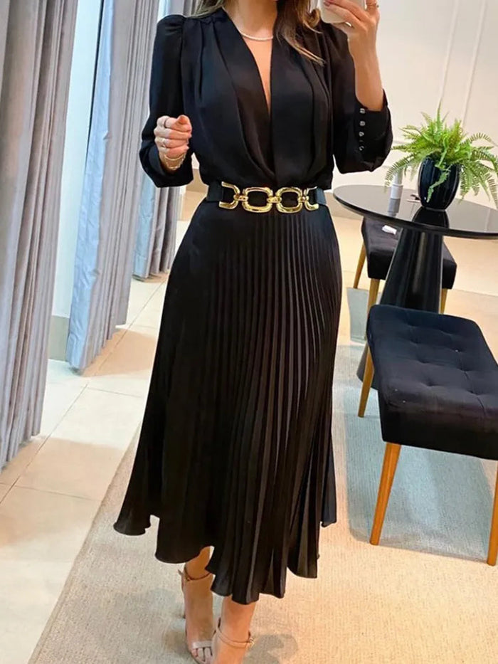 LYSAVIRA – PLEATED MIDI DRESS WITH BELT