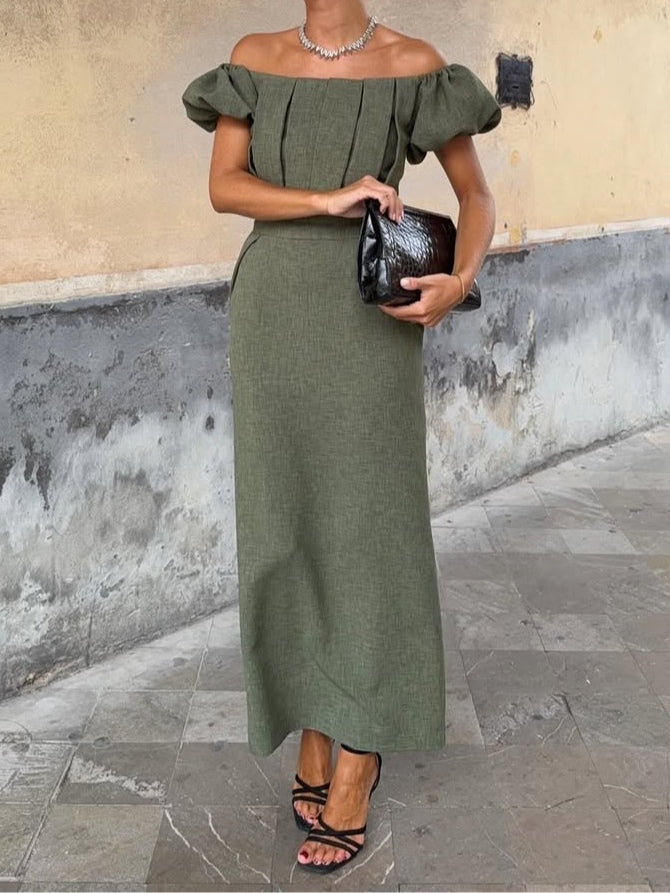 Elegant One Shoulder Puff Sleeve Pleated Dress