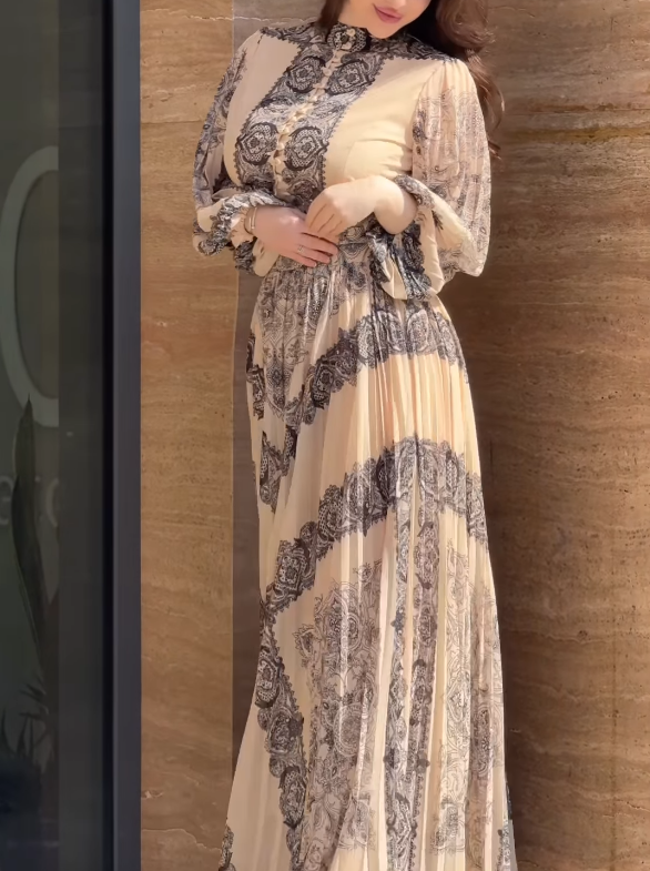 Ethnic Style Printed High-neck Button-down Maxi Dress (Including Belt)