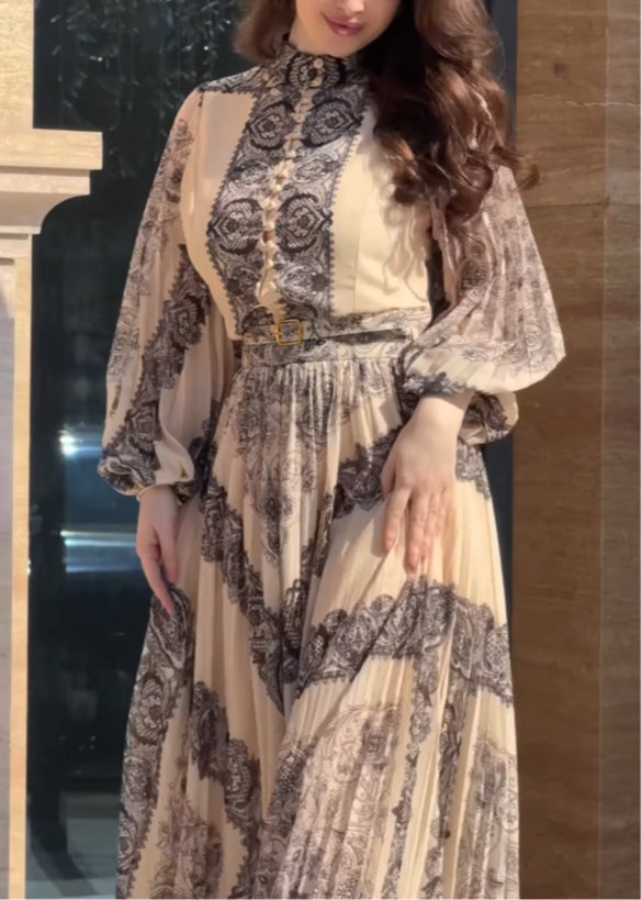 Ethnic Style Printed High-neck Button-down Maxi Dress (Including Belt)
