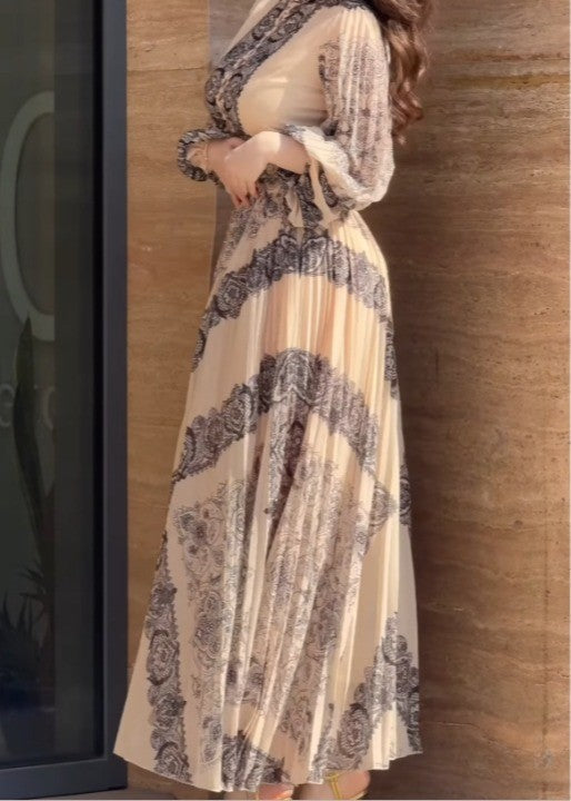 Ethnic Style Printed High-neck Button-down Maxi Dress (Including Belt)