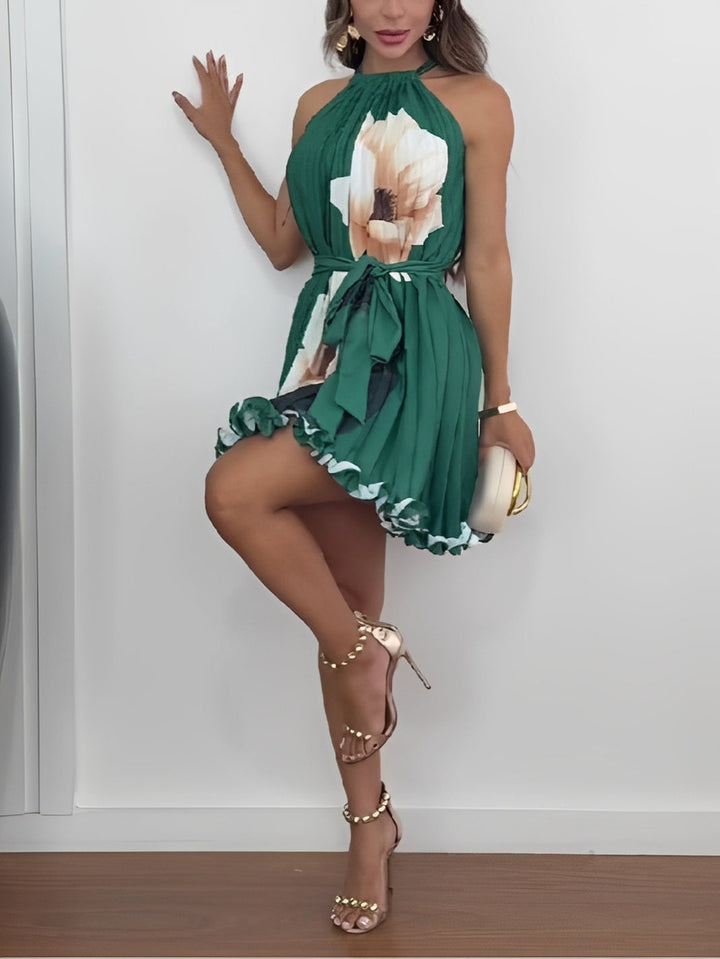 Halter-neck Pleated Floral Mini Dress
