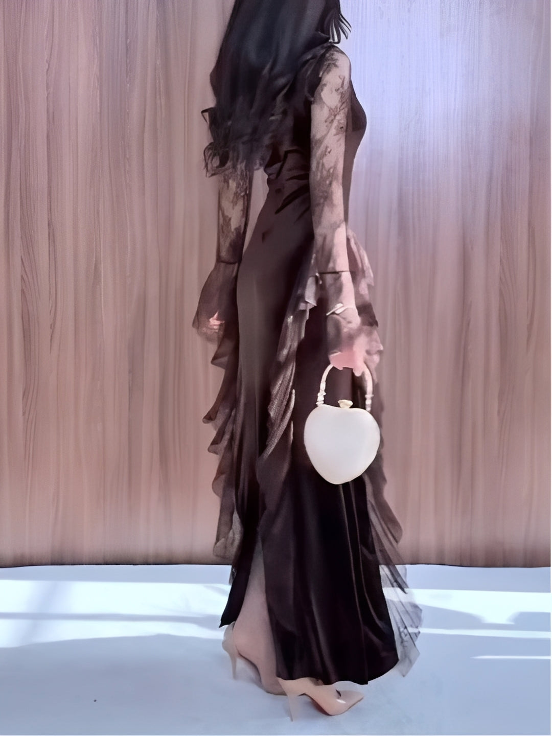 Brown Velvet Square Neckline Lace Maxi Dress